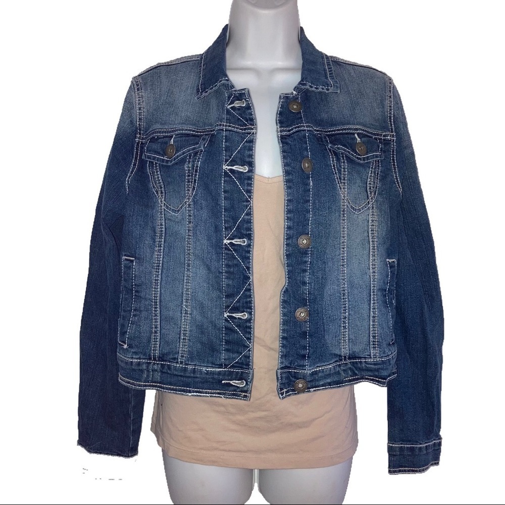Red Camel Crop Denim Jean Jacket L Blue